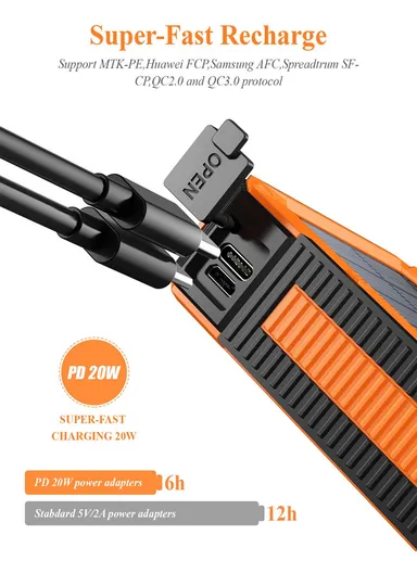 20000mAh 10W Wireless Phone Charger Solar Power Bank With 3 USB, Type-C Output &amp; Flashlight (L17.8 x W9.3 x H3)cm