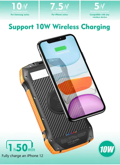 20000mAh 10W Wireless Phone Charger Solar Power Bank With 3 USB, Type-C Output &amp; Flashlight (L17.8 x W9.3 x H3)cm
