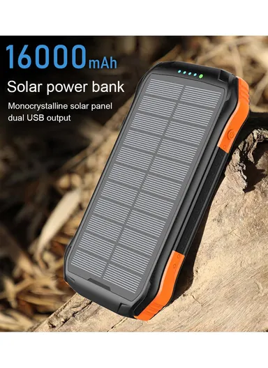 16000mAh PD18W Fast Charger IP65 Waterproof Shockproof Outdoor Black Solar Power Bank External Battery Pack For F16s (L17 x W8.4 x H2.2)cm