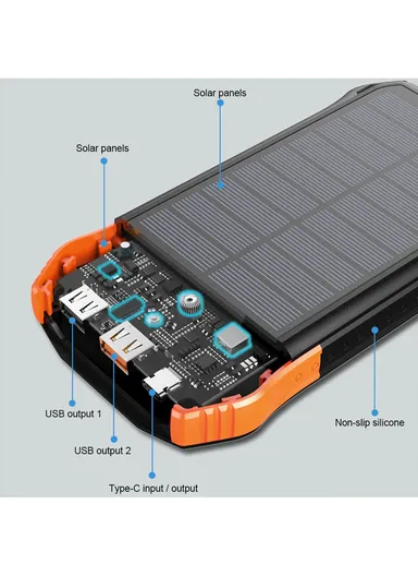 16000mAh PD18W Fast Charger IP65 Waterproof Shockproof Outdoor Black Solar Power Bank External Battery Pack For F16s (L17 x W8.4 x H2.2)cm