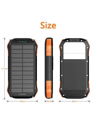 16000mAh PD18W Fast Charger IP65 Waterproof Shockproof Outdoor Black Solar Power Bank External Battery Pack For F16s (L17 x W8.4 x H2.2)cm