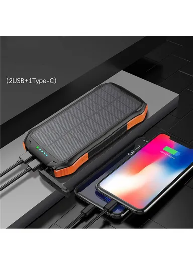 16000mAh PD18W Fast Charger IP65 Waterproof Shockproof Outdoor Black Solar Power Bank External Battery Pack For F16s (L17 x W8.4 x H2.2)cm