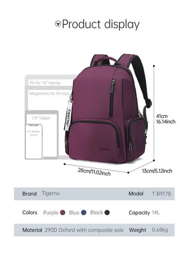 14" Laptop School Backpack Bag T-B9178 (W28 x D13 x H41)cm - Blue