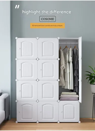 8-Cubes 4-Shelves Heavy-Duty Durable DIY Portable Closet Wardrobe Bedroom Storage Organizer with Hanging Rail (W105 x D35 x H140)cm - White