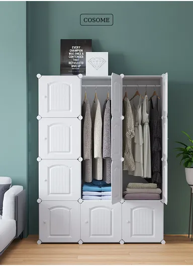 8-Cubes 4-Shelves Heavy-Duty Durable DIY Portable Closet Wardrobe Bedroom Storage Organizer with Hanging Rail (W105 x D35 x H140)cm - White