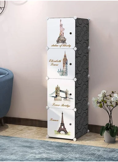 4-Layer 4 Cubes Heavy-Duty Clothes Stand, Wardrobe Organizer Storage Box (W35 x D35 x H140)cm - Black