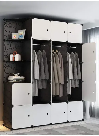 4 Shelves 17 Cubes DIY Clothing Mixed Colors Plastic Storage Cabinet with 2 Hanging Rods (W140 x D35 x H175)cm - Black