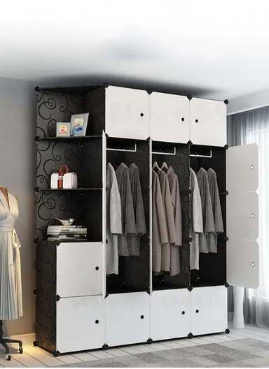 4 Shelves 17 Cubes DIY Clothing Mixed Colors Plastic Storage Cabinet with 2 Hanging Rods (W140 x D35 x H175)cm - Black