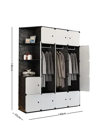 4 Shelves 17 Cubes DIY Clothing Mixed Colors Plastic Storage Cabinet with 2 Hanging Rods (W140 x D35 x H175)cm - Black