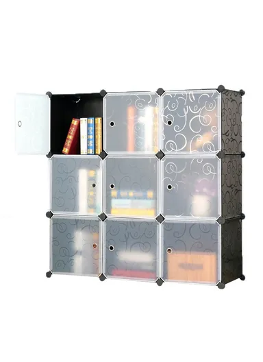 3 Shelves Wardrobe Simple Plastic Storage Box Shelf System with 9 Compartments Plastic Shoe Rack with Doors Boltless Shelf (W105 x D35 x H105)cm - Black