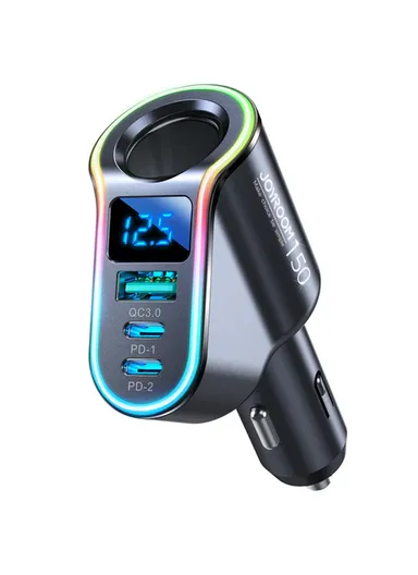 150W 4 In 1 LED Digital Display Fast Car Charger With Cigarette Lighter JR-CL21