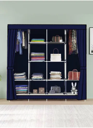 12 Shelves Fabric Collapsible Wardrobe Closet Storage With 4 Sides For Clothes Shoes Bags &amp; Accessories CL-170 (W170 x D45 x H170)cm - Navy Blue