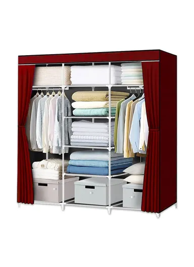 Large Capacity Plastic &amp; Stainless Steel Portable Wardrobe Storage Cabinet CL-150 (W150 x D45 x H170)cm - Wine Red