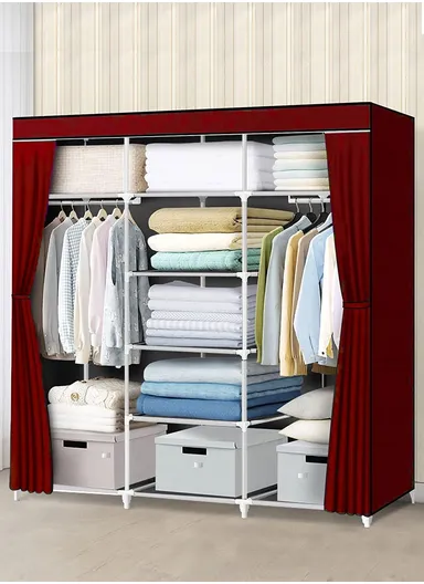 Large Capacity Plastic &amp; Stainless Steel Portable Wardrobe Storage Cabinet CL-150 (W150 x D45 x H170)cm - Wine Red