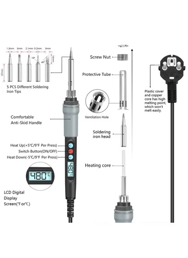 90W Electric Soldering Iron Kit Digital Adjustable Temperature Soldering Gun Auto Sleep Internal Ceramic Heating Welding Tools - EU Plug