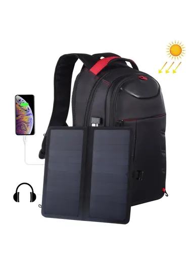 14W Outdoor Solar Powered Backpack Breathable Lightweight Dual Shoulder Bag With Charging &amp; Headset Port (L30 xW18 xH50)cm