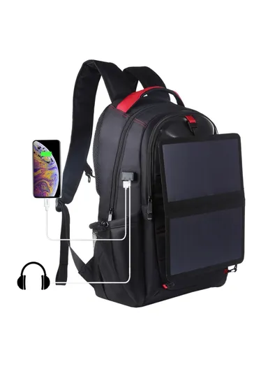14W Outdoor Solar Powered Backpack Breathable Lightweight Dual Shoulder Bag With Charging &amp; Headset Port (L30 xW18 xH50)cm