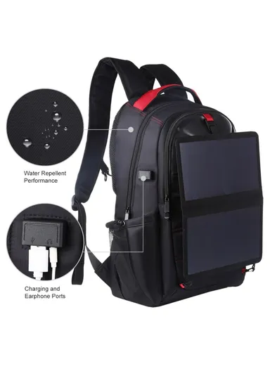 14W Outdoor Solar Powered Backpack Breathable Lightweight Dual Shoulder Bag With Charging &amp; Headset Port (L30 xW18 xH50)cm
