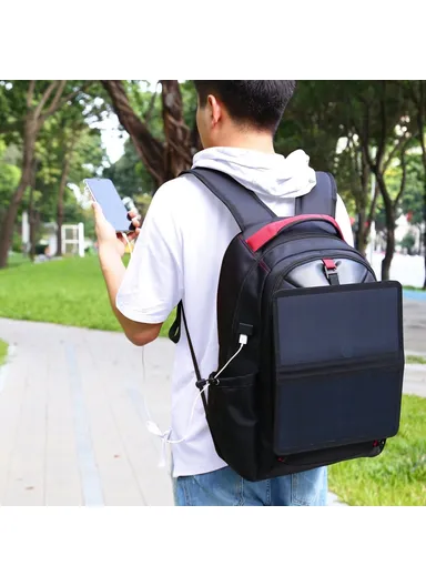 14W Outdoor Solar Powered Backpack Breathable Lightweight Dual Shoulder Bag With Charging &amp; Headset Port (L30 xW18 xH50)cm