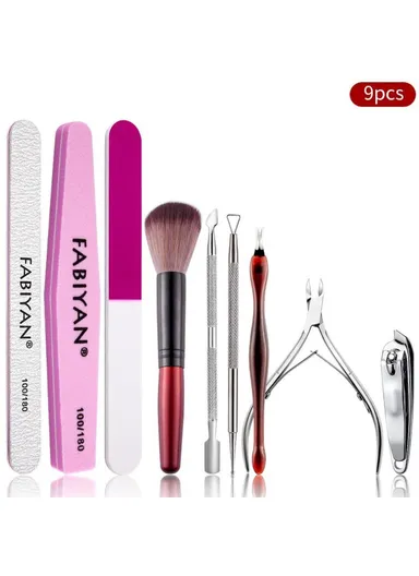 Manicure Pedicure Set Cuticle Polisher Nail Files Cleaning Tool Brush Scissors Dead Skin Remover - 9Pcs / Set