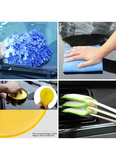 17pcs Car Wheel Tire Cleaning Brush Kit Long Soft Wheel Brush Microfiber Cloth Dirt Dust Clean Tools Set