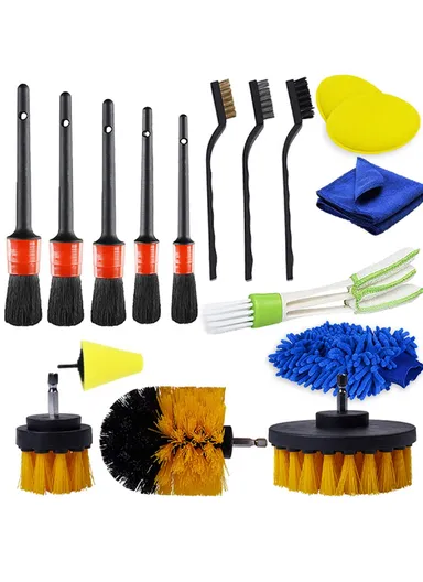 17pcs Car Wheel Tire Cleaning Brush Kit Long Soft Wheel Brush Microfiber Cloth Dirt Dust Clean Tools Set
