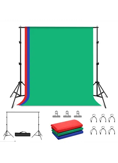 2x2m Photo Studio Background Support Stand Kit with Crossbar &amp; Red, Blue, Green Backdrops