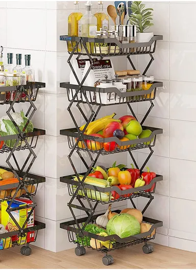 360° Rotating 4 Wheels 5 Rectangular Shelves Metal Black Storage Racks Holder (L27 x W35 x H95)cm 