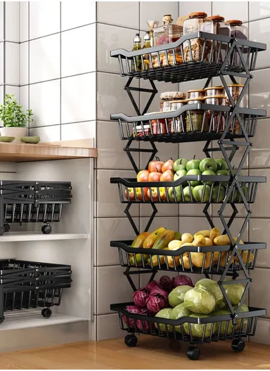 360° Rotating 4 Wheels 5 Rectangular Shelves Metal Black Storage Racks Holder (L27 x W35 x H95)cm 