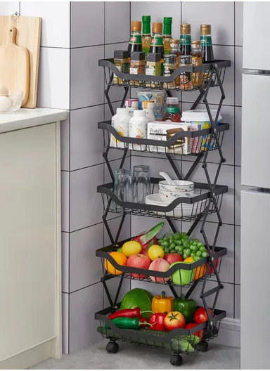 360° Rotating 4 Wheels 5 Rectangular Shelves Metal Black Storage Racks Holder (L27 x W35 x H95)cm 
