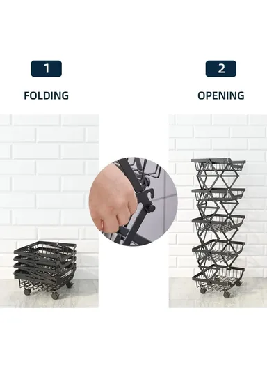 360° Rotating 4 Wheels 5 Rectangular Shelves Metal Black Storage Racks Holder (L27 x W35 x H95)cm 