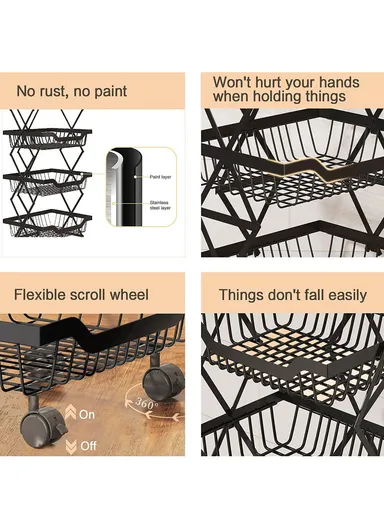 360° Rotating 4 Wheels 5 Rectangular Shelves Metal Black Storage Racks Holder (L27 x W35 x H95)cm 