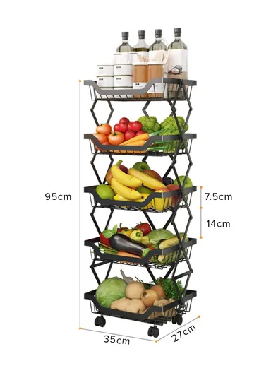 360° Rotating 4 Wheels 5 Rectangular Shelves Metal Black Storage Racks Holder (L27 x W35 x H95)cm 