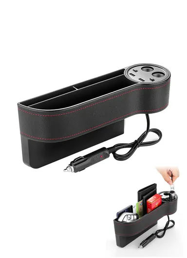 80W Multifunctional Dual USB Port Cigarette Lighter Car Charger with Seat Gap Storage Box Seat Organizer Card Phone Holder C15 (L27x W8 x H12.4)cm