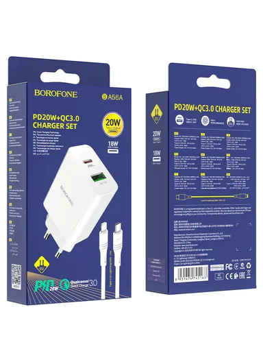 Dual Output PD20W+QC2.0 Wall Charger With Type-C To Type-C Charging Cable BA56