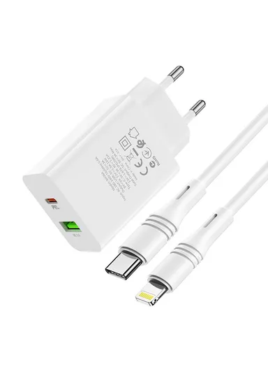 Dual Output PD20W+QC2.0 Wall Charger With Type-C To Lightning Charging Cable BA56