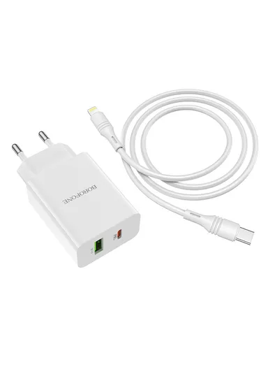 Dual Output PD20W+QC2.0 Wall Charger With Type-C To Lightning Charging Cable BA56