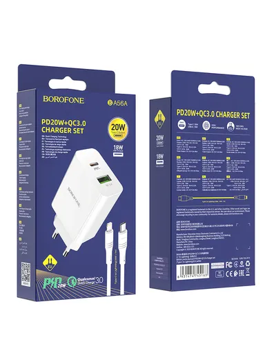 Dual Output PD20W+QC2.0 Wall Charger With Type-C To Lightning Charging Cable BA56