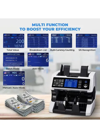 AL-920 Multi-National Currency Automatic Total LBP USD EUR Bill Value Counter Front Loading with SN Reading &amp; 5 Heads Sensors for Detection up to 90% Accuracy Counterfeit Fake Detection