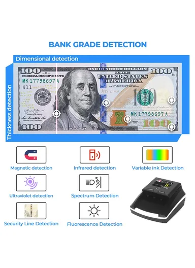 500mAh Rechargeable Small Counterfeit Money Detector Machine Currency Detector Banknote Detector with 5 Head Sensors for Detection Accuracy up to 90% AL-136T