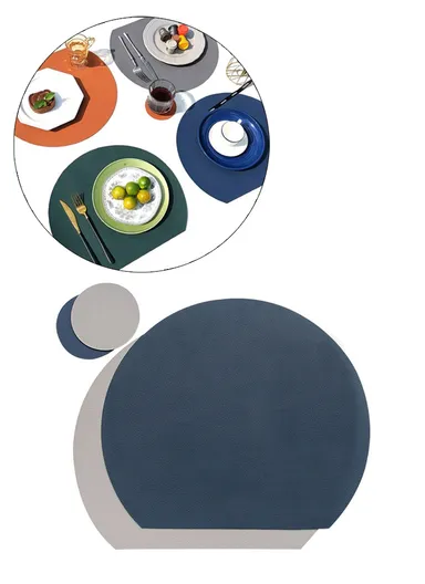 Semi Circle Tablemat Leather Placemat Non-Slip Heat Insulation Dining Table Pad Round Cup Coaster - Blue/Grey