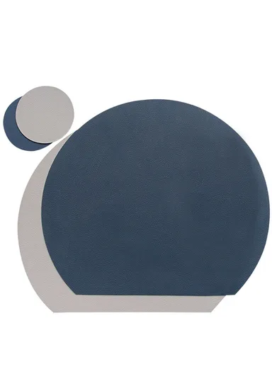 Semi Circle Tablemat Leather Placemat Non-Slip Heat Insulation Dining Table Pad Round Cup Coaster - Blue/Grey