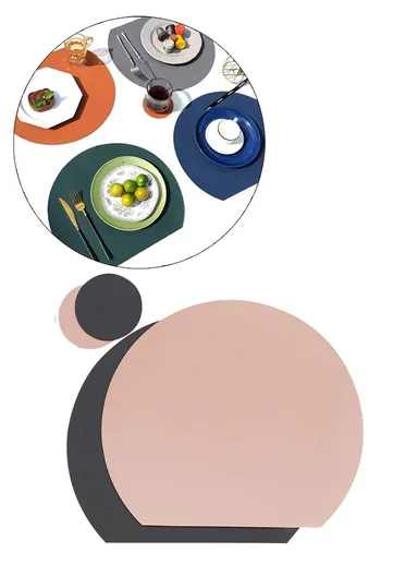 Semi Circle Tablemat Leather Placemat Non-Slip Heat Insulation Dining Table Pad Round Cup Coaster - Pink/Dark Grey