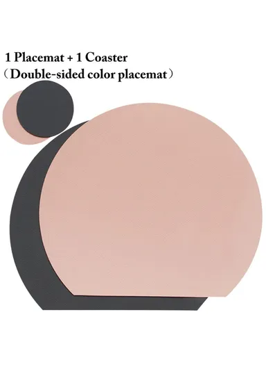Semi Circle Tablemat Leather Placemat Non-Slip Heat Insulation Dining Table Pad Round Cup Coaster - Pink/Dark Grey