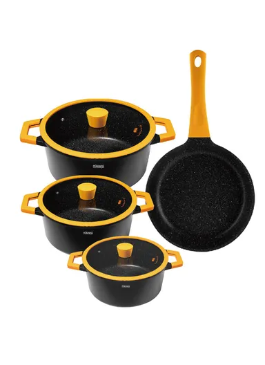 7Pcs 18/20/24cm Non-Stick Coating Casserole Cookware Set &amp; 24cm FryPan With 3 Glass Lids Suitable For All Electric Stove CA002-S02-Black