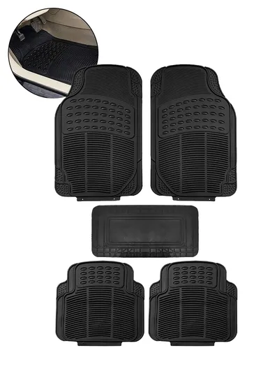 5Pcs Full Odourless Set Black Rubber PVC Automotive Floor Mats All Weather Protection for Car SUV Trucks &amp; Vans