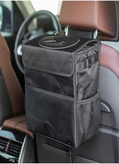 12L Portable 3-Side Pockets Collapsible Waterproof Car Trash Can Car Garbage Bag With Leakproof Vinyl Inside Lining &amp; Adjustable Bucket Straps (L19.5 x W19.5 x H29)cm