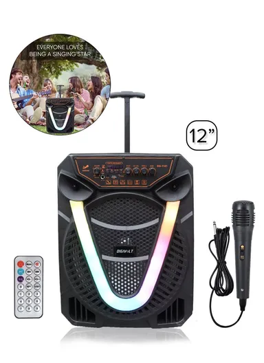 12” 3600mAh Telescoping Handle With Wheels Echo Bass &amp; Treble Control HIFI Colourful Lighting Portable Speaker With Wired Microphone Included, AUX, USB, Bluetooth, Memory Card &amp; Remote Controller DG-1101 (L25 x W
