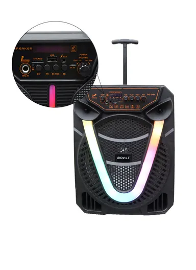 12” 3600mAh Telescoping Handle With Wheels Echo Bass &amp; Treble Control HIFI Colourful Lighting Portable Speaker With Wired Microphone Included, AUX, USB, Bluetooth, Memory Card &amp; Remote Controller DG-1101 (L25 x W