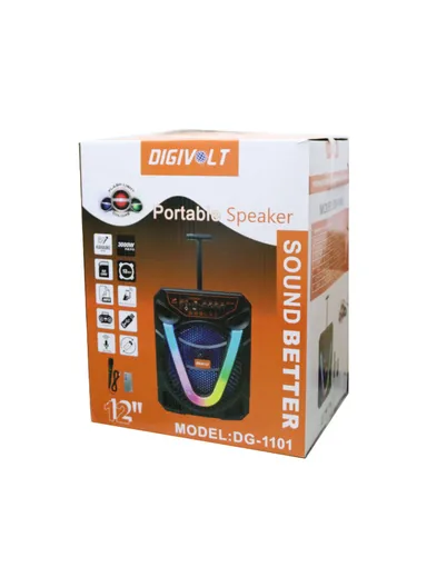 12” 3600mAh Telescoping Handle With Wheels Echo Bass &amp; Treble Control HIFI Colourful Lighting Portable Speaker With Wired Microphone Included, AUX, USB, Bluetooth, Memory Card &amp; Remote Controller DG-1101 (L25 x W